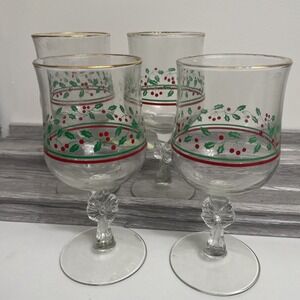 Arby's Christmas holiday Glasses Gold Rim Holly Berries‎ Set of 6  10oz 1986